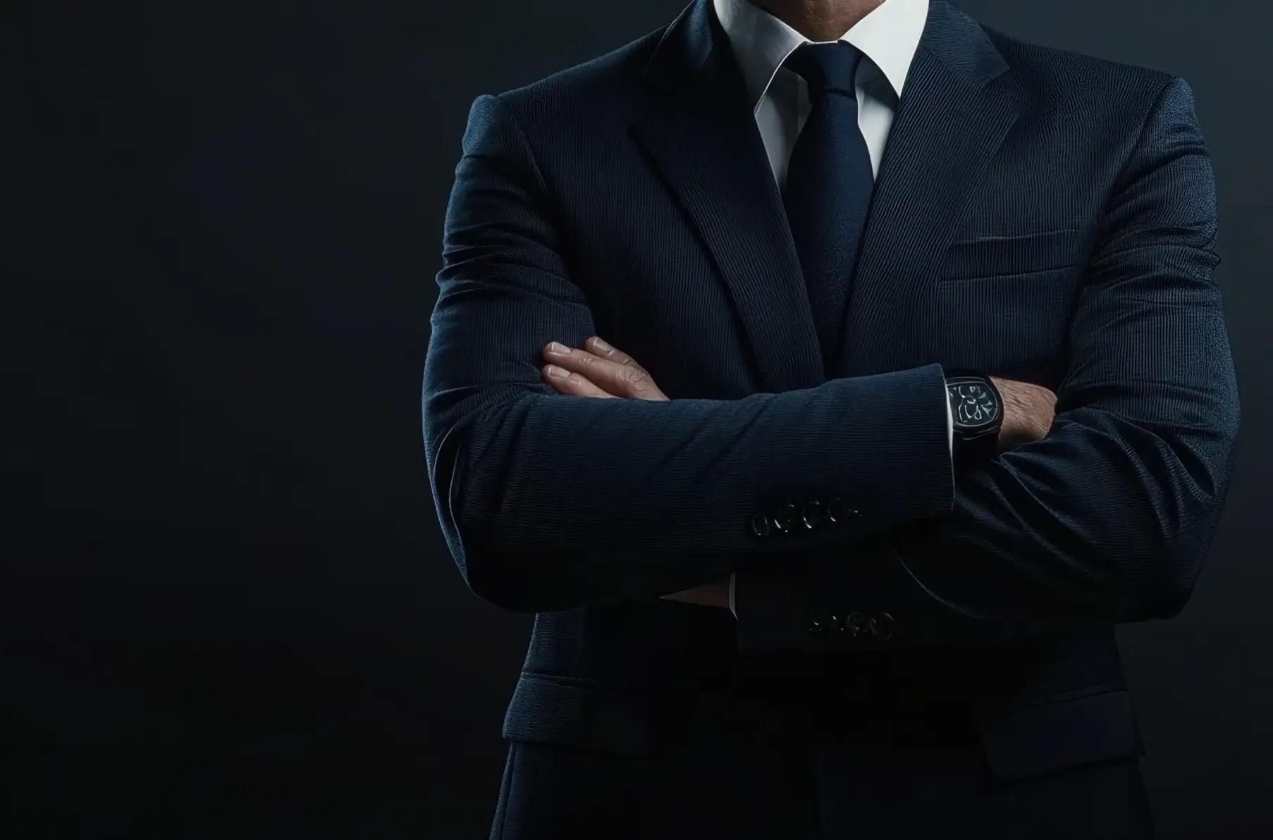 Close-up of a person in a dark navy suit with arms crossed.