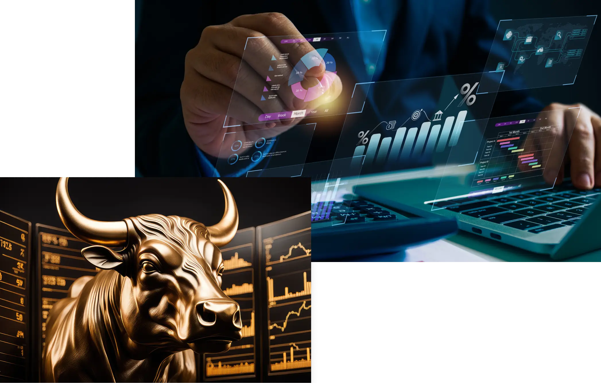 Hands interacting with holographic pie charts and bar graphs above a laptop, paired with a golden bull statue