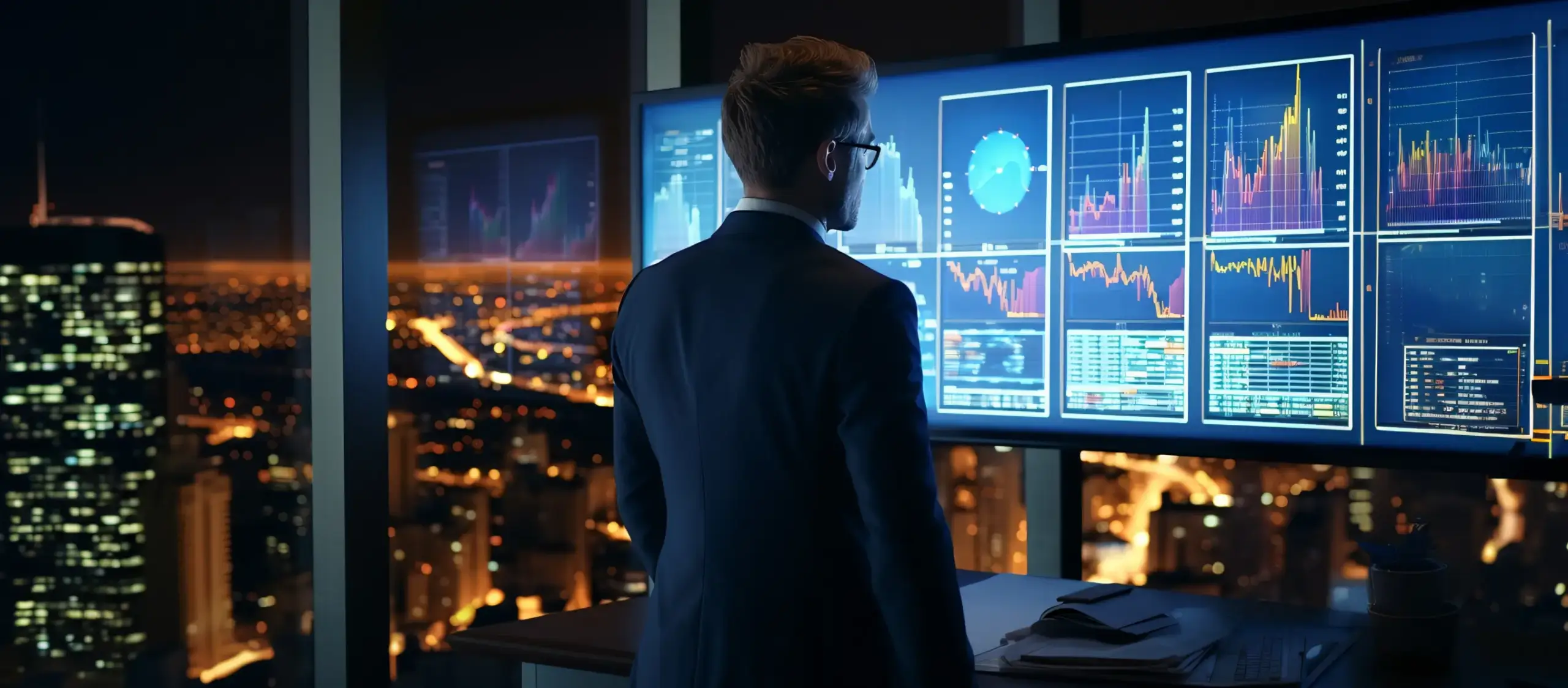 Financial professional in a suit standing before digital screens