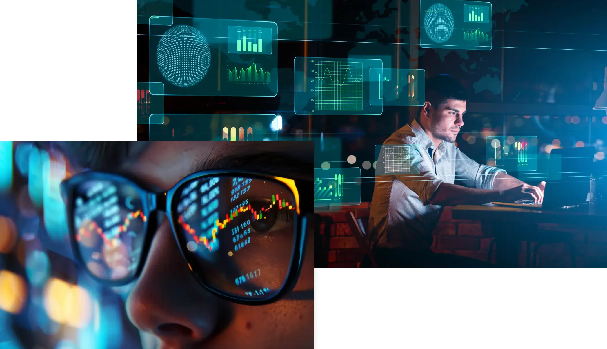 Digital overlay of stock charts reflecting in eyeglasses and a trader